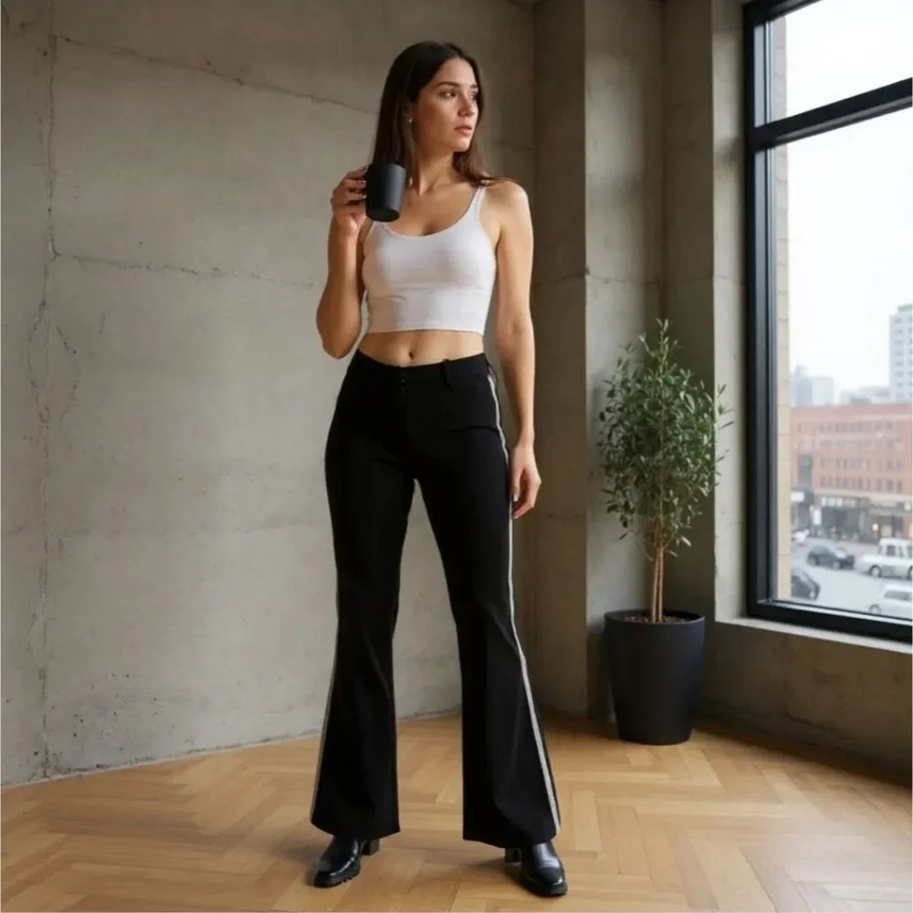Poster Grl ✦ Rhinestone Stripe Icicle Gaze Flares ✦ Black High‑Rise Stretch Pant - Picture 4 of 8